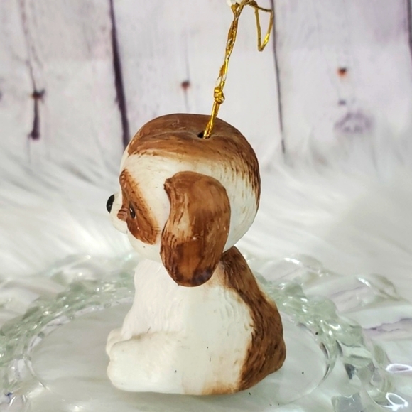 Vintage Ceramic Puppy Dog Pup Christmas Kitschy Holiday Ornament Bell Brown Wht - Picture 8 of 13